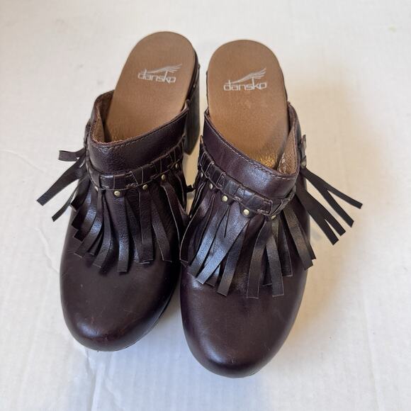 Dansko Shoes Womens Size 40 Leather Clogs Block Heel Stud Fringe Mule Retro - Picture 10 of 11
